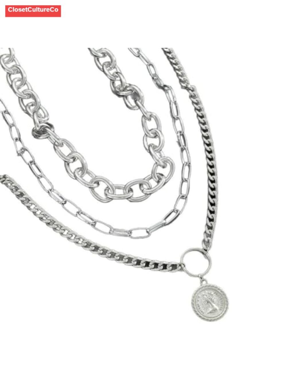 Layered Necklace Set Women Cuban Paperclip Coin Pendant Silver
